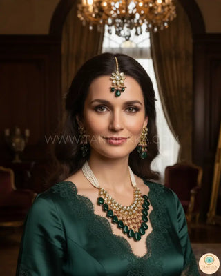 MISHA Kundan Necklace Set (Emerald Maroon Combo) - Necklace Set
