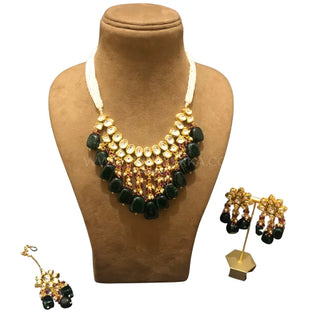 MISHA Kundan Necklace Set (Emerald Maroon Combo) - Necklace Set