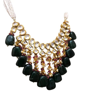 MISHA Kundan Necklace Set (Emerald Maroon Combo) - Necklace Set