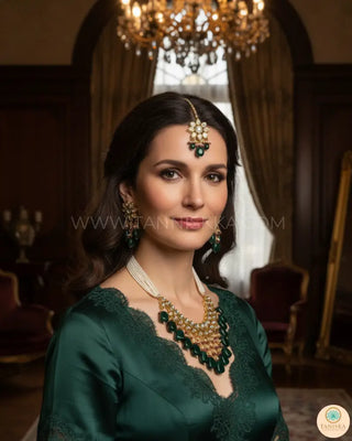 MISHA Kundan Necklace Set (Emerald Maroon Combo) - Necklace Set