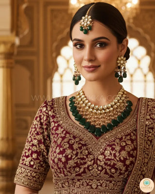 MISHA Kundan Necklace Set (Emerald Maroon Combo) - Necklace Set