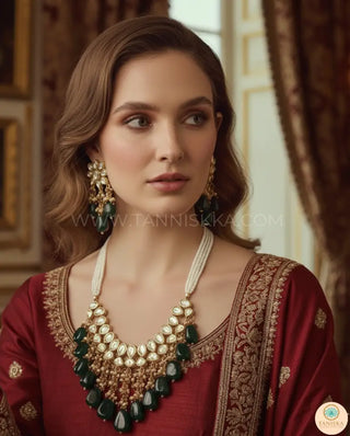 MISHA Kundan Necklace Set (Emerald Maroon Combo) - Necklace Set