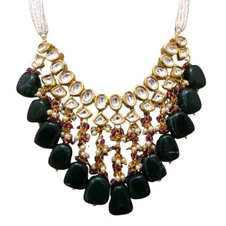 MISHA Kundan Necklace Set (Emerald Maroon Combo) - Necklace Set