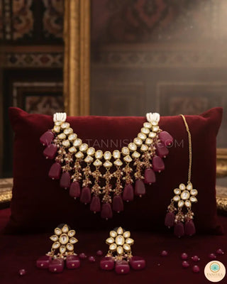 MISHA Kundan Necklace Set (Maroon) - Necklace Set