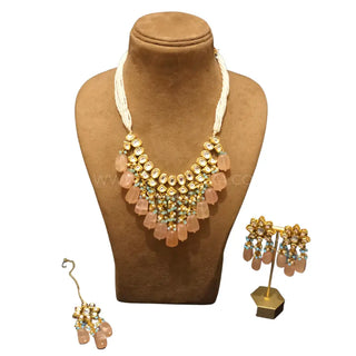 MISHA Kundan Necklace Set (Peach Sky Blue Combo) - Necklace Set