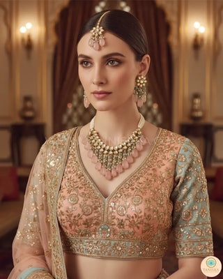 MISHA Kundan Necklace Set (Peach Sky Blue Combo) - Necklace Set