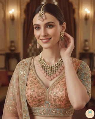 MISHA Kundan Necklace Set (Peach Sky Blue Combo) - Necklace Set