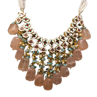 MISHA Kundan Necklace Set (Peach Sky Blue Combo) - Necklace Set
