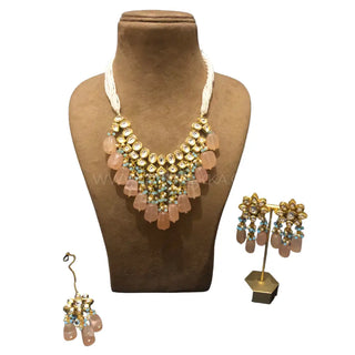 MISHA Kundan Necklace Set (Peach Sky Blue Combo) - Necklace Set
