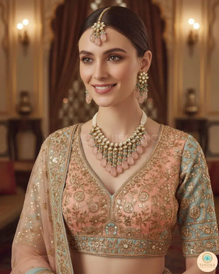MISHA Kundan Necklace Set (Peach Sky Blue Combo) - Necklace Set