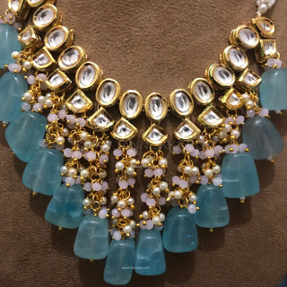 MISHA Kundan Necklace Set (Sky Blue Baby Pink Combo) - Necklace Set