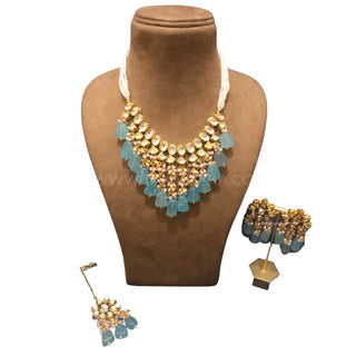 MISHA Kundan Necklace Set (Sky Blue Baby Pink Combo) - Necklace Set