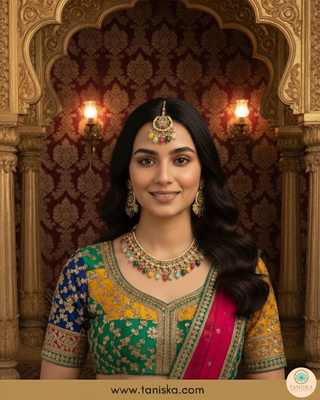 Luxury multicolor beaded Kundan bridal necklace set with matching earrings and maang tikka, vibrant statement jewelry for South Asian weddings and festive celebrations.