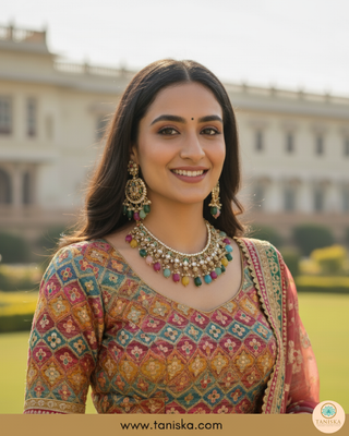 Luxury multicolor beaded Kundan bridal necklace set with matching earrings and maang tikka, vibrant statement jewelry for South Asian weddings and festive celebrations.