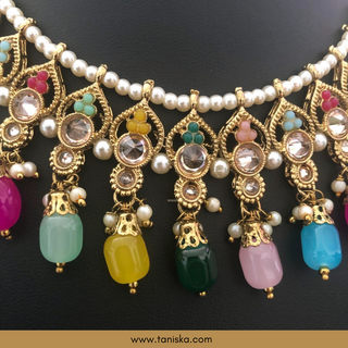 Luxury multicolor beaded Kundan bridal necklace set with matching earrings and maang tikka, vibrant statement jewelry for South Asian weddings and festive celebrations.