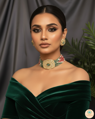 Luxury multicolor beaded Kundan choker necklace set featuring mint green and soft pink beads with matching earrings, elegant statement jewelry for South Asian bridal weddings and festive receptions.