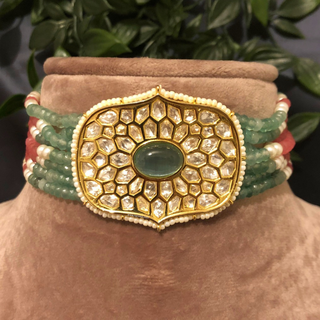 Luxury multicolor beaded Kundan choker necklace set featuring mint green and soft pink beads with matching earrings, elegant statement jewelry for South Asian bridal weddings and festive receptions.