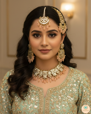 Luxury peach glass work Kundan bridal necklace set with matching earrings and headpiece, statement jewelry for South Asian weddings and nikah ceremonies.