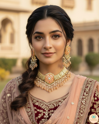 Luxury peach-orange meenakari Kundan choker necklace set with matching jhumka earrings and maang tikka, vibrant statement jewelry for South Asian bridal weddings and festive occasions.