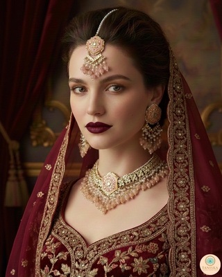 Luxury peach-orange meenakari Kundan choker necklace set with matching jhumka earrings and maang tikka, vibrant statement jewelry for South Asian bridal weddings and festive occasions.