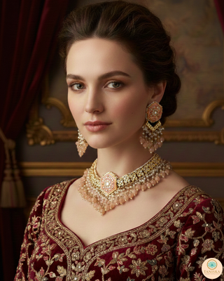 Luxury peach-orange meenakari Kundan choker necklace set with matching jhumka earrings and maang tikka, vibrant statement jewelry for South Asian bridal weddings and festive occasions.