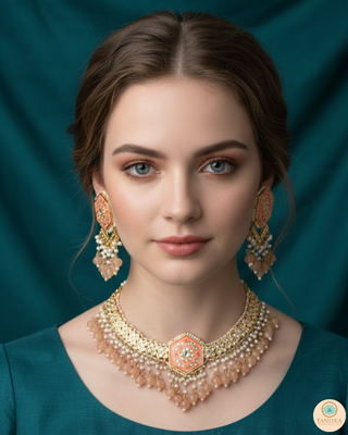 Luxury peach-orange meenakari Kundan choker necklace set with matching jhumka earrings and maang tikka, vibrant statement jewelry for South Asian bridal weddings and festive occasions.