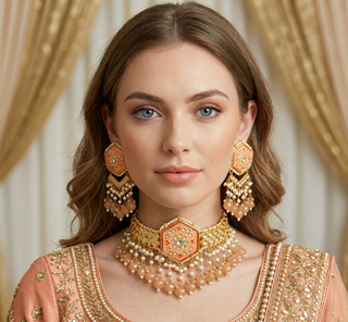 Luxury peach-orange meenakari Kundan choker necklace set with matching jhumka earrings and maang tikka, vibrant statement jewelry for South Asian bridal weddings and festive occasions.