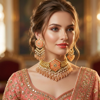 Luxury peach-orange meenakari Kundan choker necklace set with matching jhumka earrings and maang tikka, vibrant statement jewelry for South Asian bridal weddings and festive occasions.