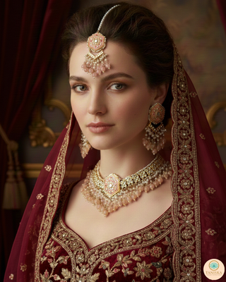 Luxury peach-orange meenakari Kundan choker necklace set with matching jhumka earrings and maang tikka, vibrant statement jewelry for South Asian bridal weddings and festive occasions.