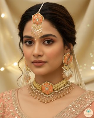 Luxury peach-orange meenakari Kundan choker necklace set with matching jhumka earrings and maang tikka, vibrant statement jewelry for South Asian bridal weddings and festive occasions.