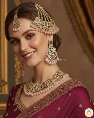 Luxury pink glass work Kundan bridal necklace set with matching earrings and headpiece, statement jewelry for South Asian weddings and nikah ceremonies.