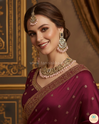Luxury pink glass work Kundan bridal necklace set with matching earrings and headpiece, statement jewelry for South Asian weddings and nikah ceremonies.