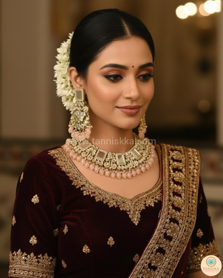 Luxury pink glass work Kundan bridal necklace set with matching earrings and headpiece, statement jewelry for South Asian weddings and nikah ceremonies.