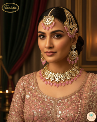 Luxury pink glass work Kundan bridal necklace set with matching earrings and headpiece, statement jewelry for South Asian weddings and nikah ceremonies.