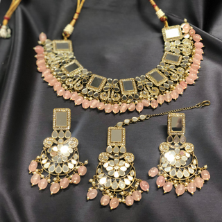 Luxury pink glass work Kundan bridal necklace set with matching earrings and headpiece, statement jewelry for South Asian weddings and nikah ceremonies.