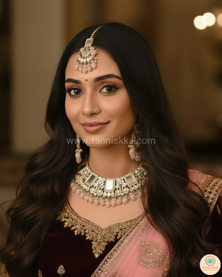 Luxury pink glass work Kundan bridal necklace set with matching earrings and headpiece, statement jewelry for South Asian weddings and nikah ceremonies.