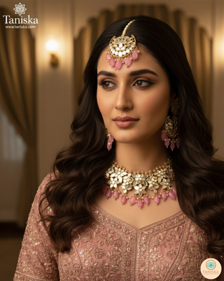 Luxury pink glass work Kundan bridal necklace set with matching earrings and headpiece, statement jewelry for South Asian weddings and nikah ceremonies.