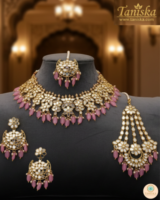Luxury pink glass work Kundan bridal necklace set with matching earrings and headpiece, statement jewelry for South Asian weddings and nikah ceremonies.
