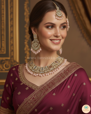 Luxury pink glass work Kundan bridal necklace set with matching earrings and headpiece, statement jewelry for South Asian weddings and nikah ceremonies.