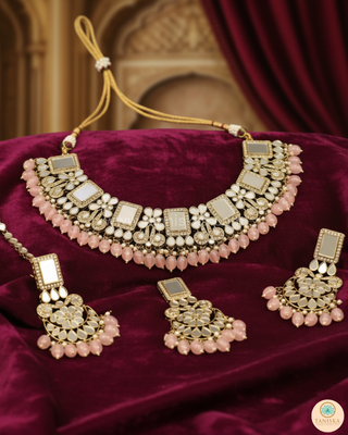 Luxury pink glass work Kundan bridal necklace set with matching earrings and headpiece, statement jewelry for South Asian weddings and nikah ceremonies.