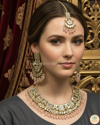 Luxury pink glass work Kundan bridal necklace set with matching earrings and headpiece, statement jewelry for South Asian weddings and nikah ceremonies.
