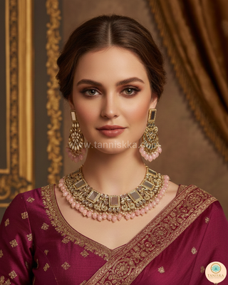 Luxury pink glass work Kundan bridal necklace set with matching earrings and headpiece, statement jewelry for South Asian weddings and nikah ceremonies.