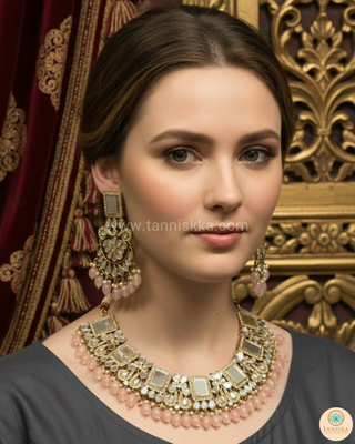 Luxury pink glass work Kundan bridal necklace set with matching earrings and headpiece, statement jewelry for South Asian weddings and nikah ceremonies.