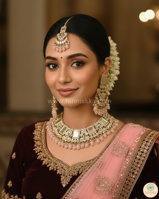 Luxury pink glass work Kundan bridal necklace set with matching earrings and headpiece, statement jewelry for South Asian weddings and nikah ceremonies.