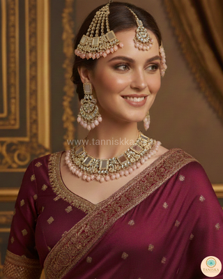 Luxury pink glass work Kundan bridal necklace set with matching earrings and headpiece, statement jewelry for South Asian weddings and nikah ceremonies.
