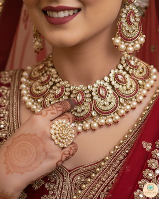 Luxury red and gold Kundan bridal necklace set with matching earrings and maang tikka, statement jewelry for South Asian weddings and nikah ceremonies.