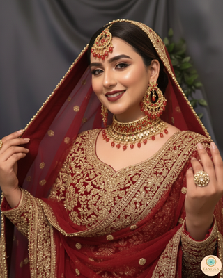 Luxury red and gold Kundan bridal necklace set with matching earrings and maang tikka, statement jewelry for South Asian weddings and nikah ceremonies.