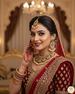 Luxury red and gold Kundan bridal necklace set with matching earrings and maang tikka, statement jewelry for South Asian weddings and nikah ceremonies.