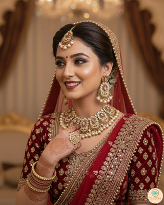 Luxury red and gold Kundan bridal necklace set with matching earrings and maang tikka, statement jewelry for South Asian weddings and nikah ceremonies.
