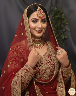 Luxury red and gold Kundan bridal necklace set with matching earrings and maang tikka, statement jewelry for South Asian weddings and nikah ceremonies.